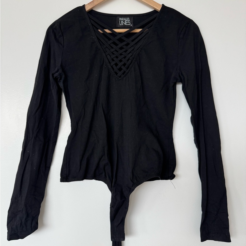 Parallel Lines front lace up black bodysuit